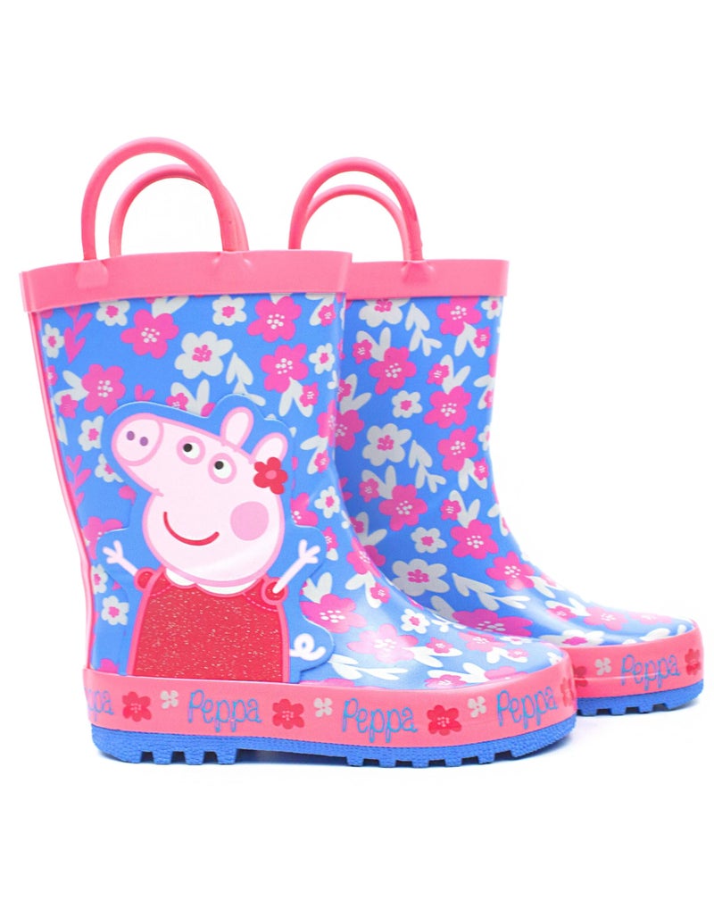 Peppa Pig Girls Blue Floral Rain Boots with Handles | Waterproof Outdoor Footwear for Kids | Easy Carrying Character Boots | Peppa Merch for Outdoor Play & Rainy Weather - Image 1